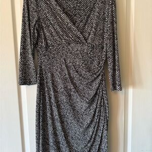Ralph Lauren Black and White Printed 3/4-Sleeve Faux Wrap Dress